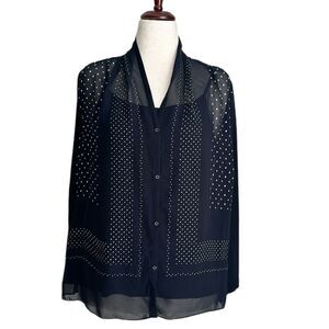 Pure DKNY Whimsigoth Women’s Sheer Polka Dot Mixed Media Button Up Blouse Size L